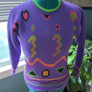 Vintage 80s Can You Keep a Secret? Brand Purple + Multicolor Knit Sweater